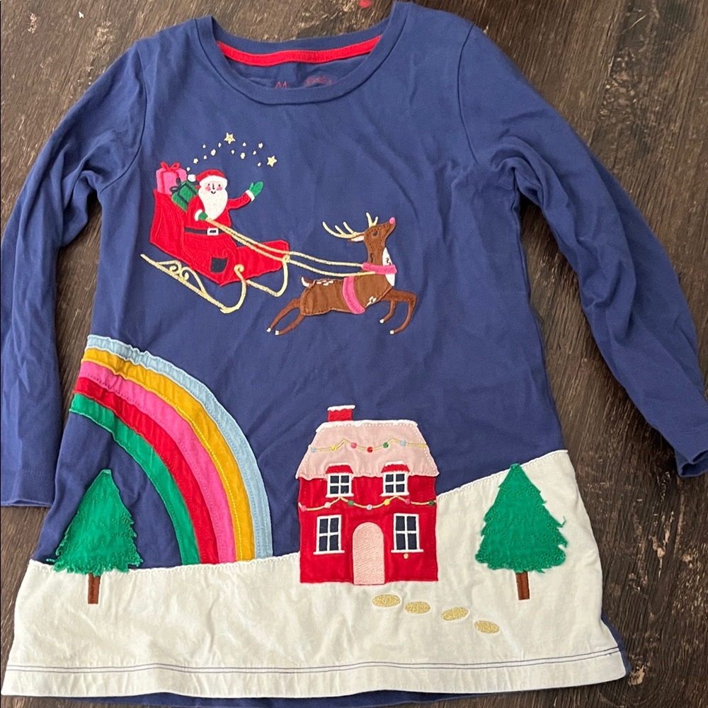 Mini Boden Navy Kids Long Sleeve Holiday Appliqué Top with Rainbow